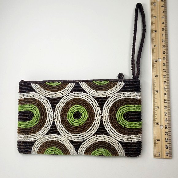 Vintage beaded zip clutch Retro brown, green, white circle motif handbag wallet - Picture 10 of 14